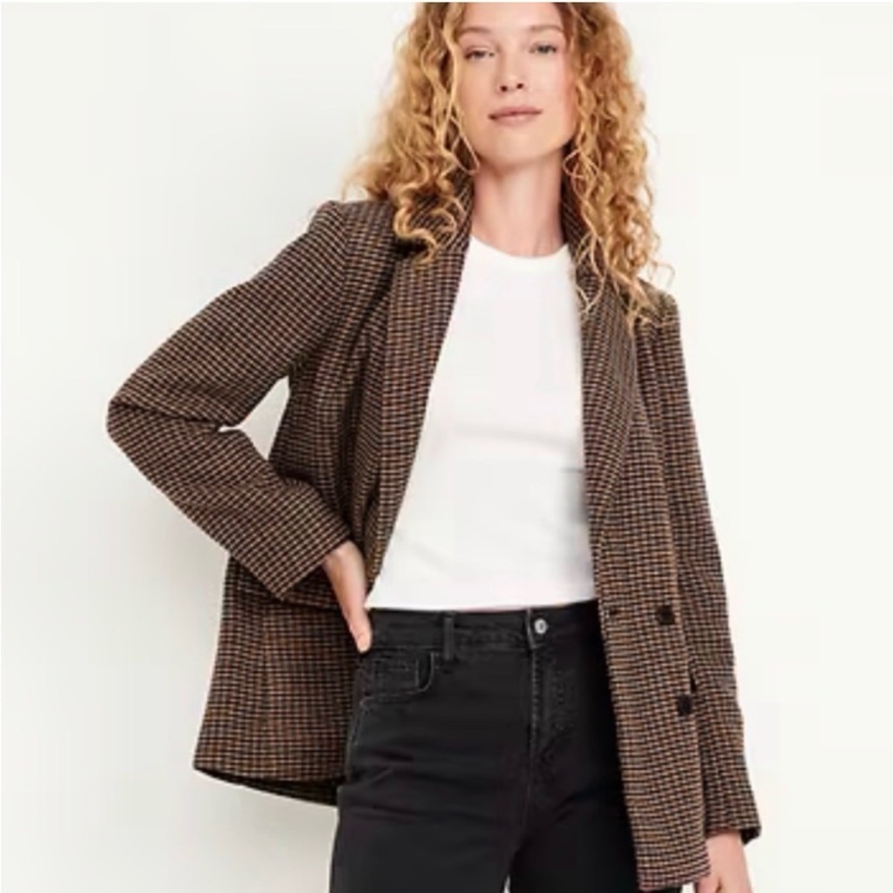 Old Navy Women's Black and Brown Checkered Blazer